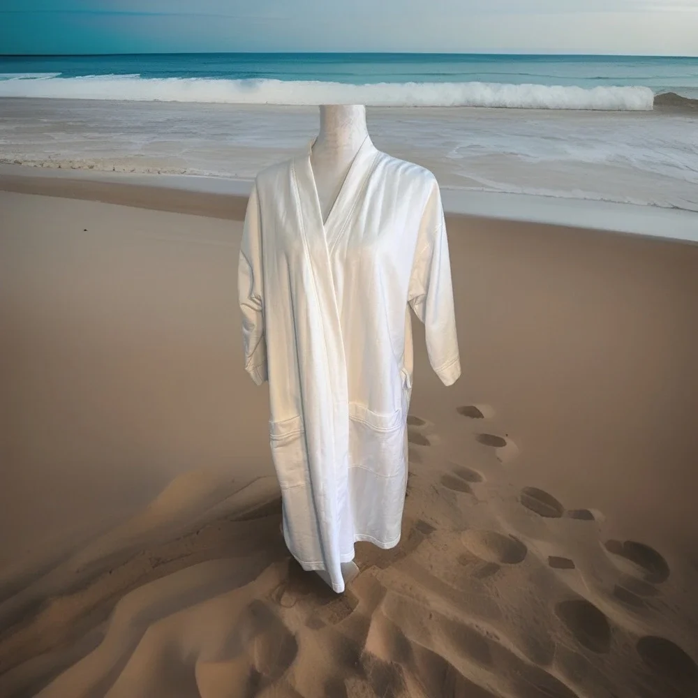 Amanda Stewart Intimates Cotton Blend Ribbed Pocket 3/4‎ Length Soft Chic Robe L